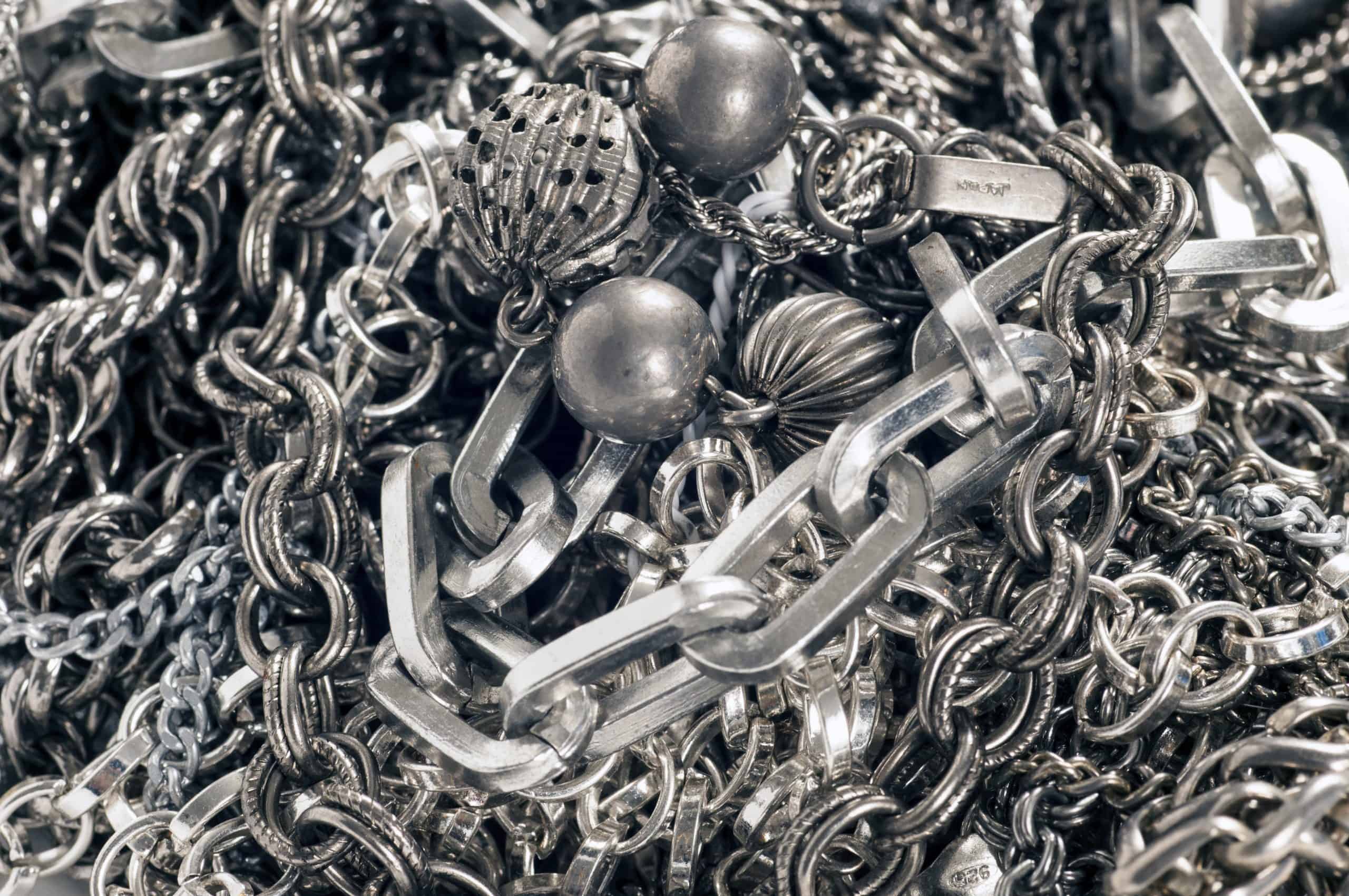 A pile of silver chains and other metal items