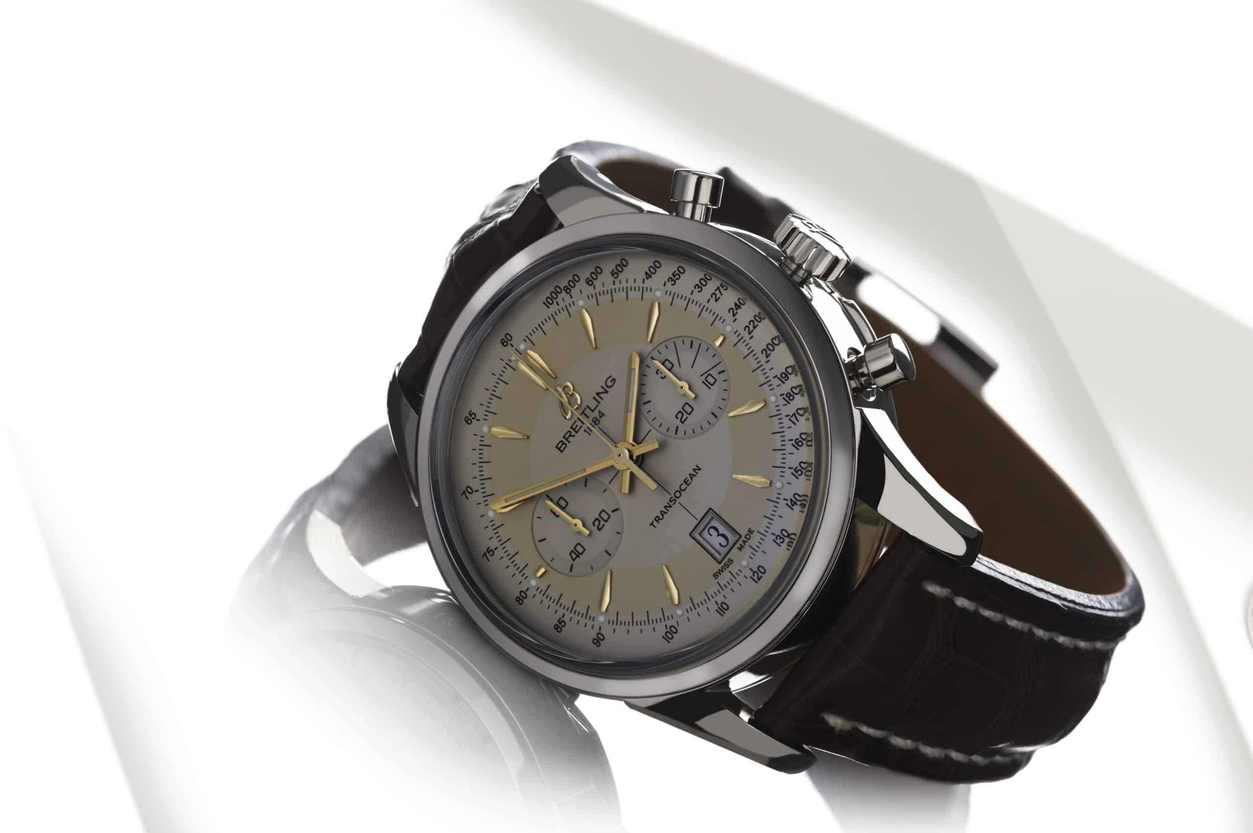 A watch with a brown leather strap and yellow dial