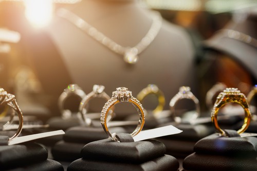 A variety of rings and necklaces on display